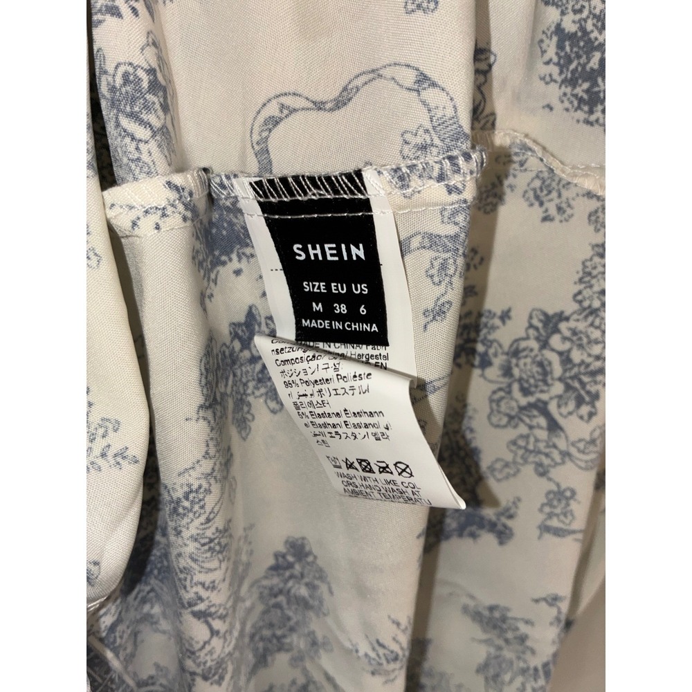 Romantic Shirt Dress Womens 6 M Blue White Toile Print Button Mini‎ Waist Tie - Picture 5 of 10